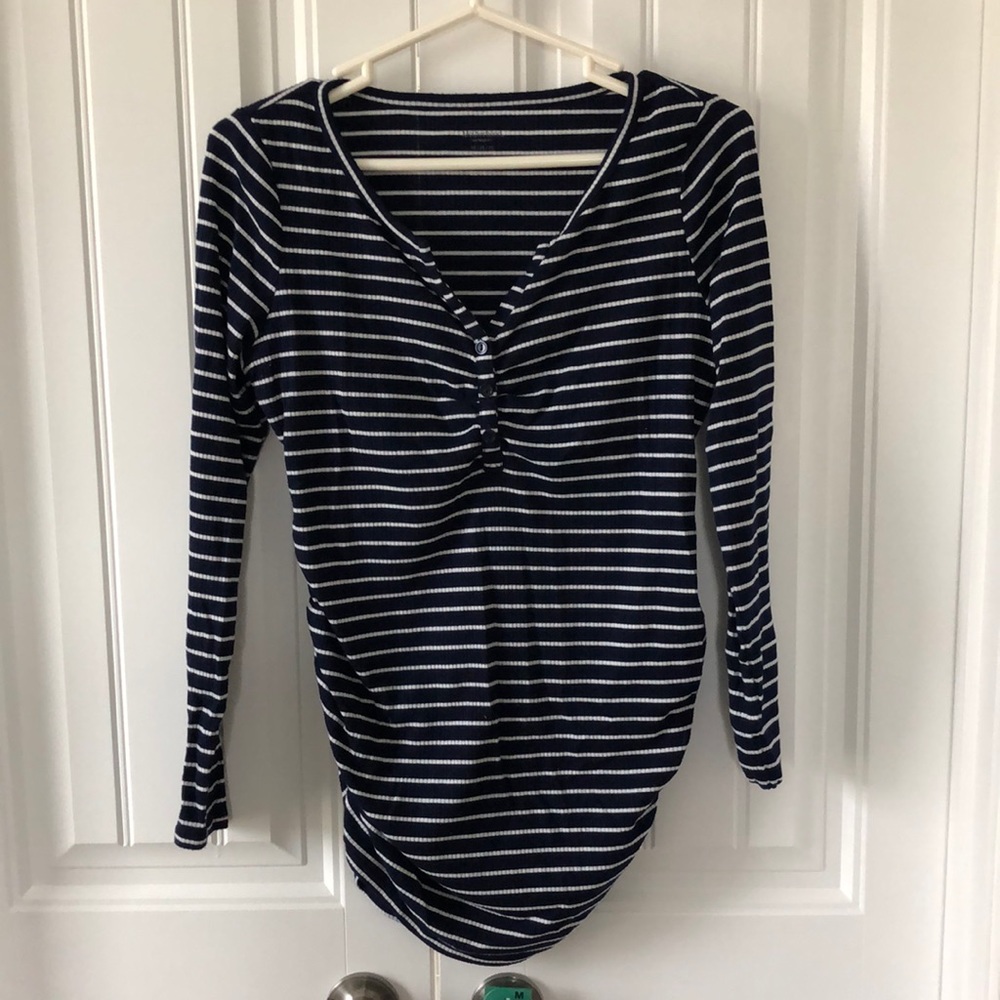Navy blue striped Henley maternity shirt